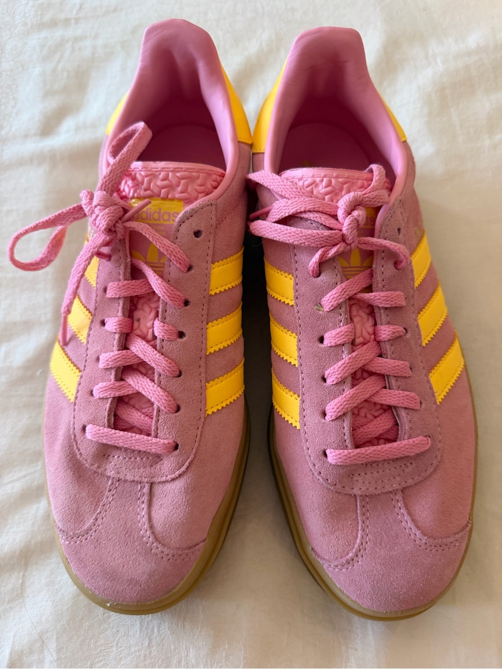 adidas Pink Suede Sneakers with Yellow Stripes